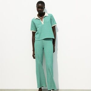 Zara Knit Retro Jacquard Collared Button Up Polo Shirt & Highwaisted Trousers